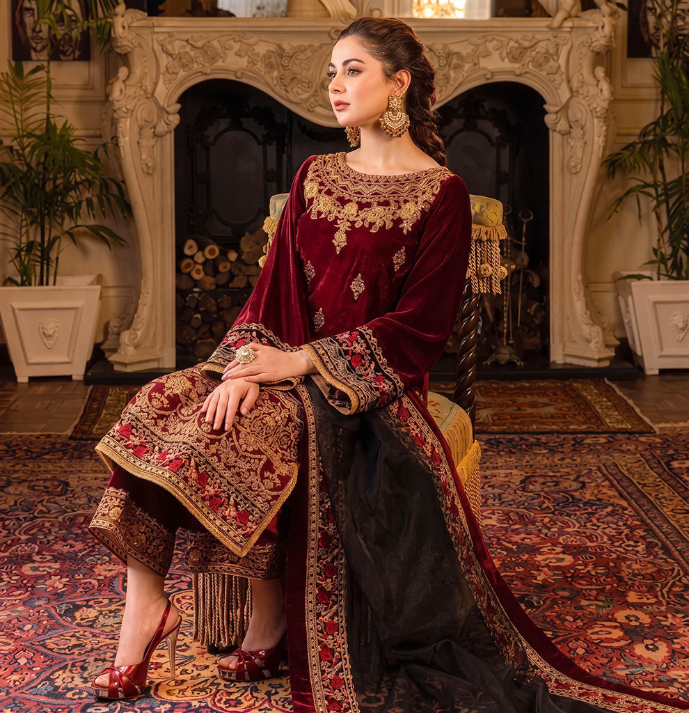 Qalamkar QL-110 Velvet Embroidered 3pc