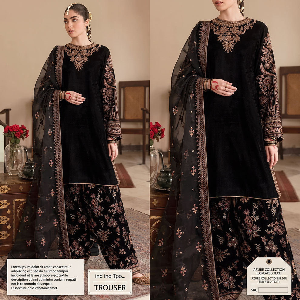 BRQ-107 Black Velvet Embroidered 3pc Wt
