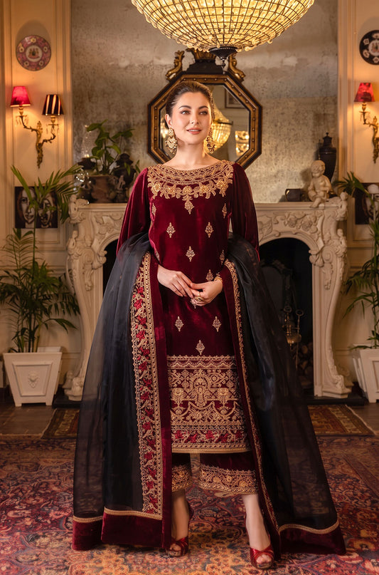 Qalamkar QL-110 Velvet Embroidered 3pc